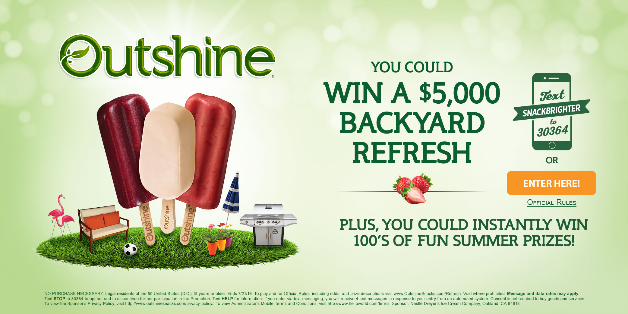 Rectangle Outshine Banner Showcasing the many flavors of Outshine Bars with a call to action to enter here for a contest